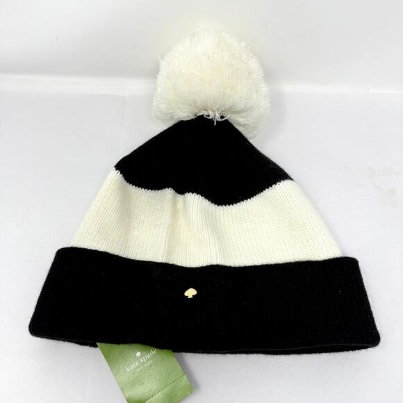 Kate Spade New York Color Block Pom Beanie Hat Black Cream Women’s NWT O/S main image 6